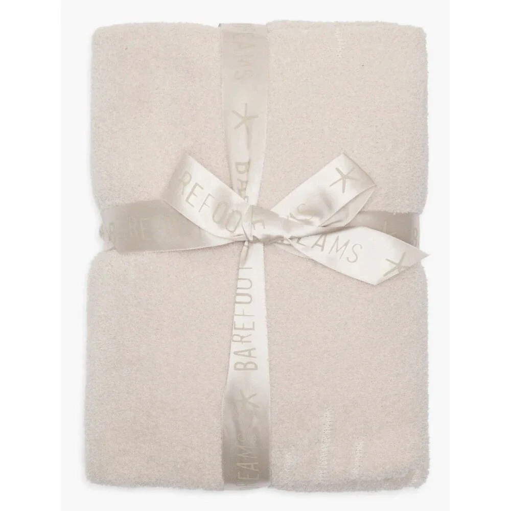 Barefoot Dreams CozyChic Cotton Diamond Stripe Throw In Stone Cream 45”x60” New